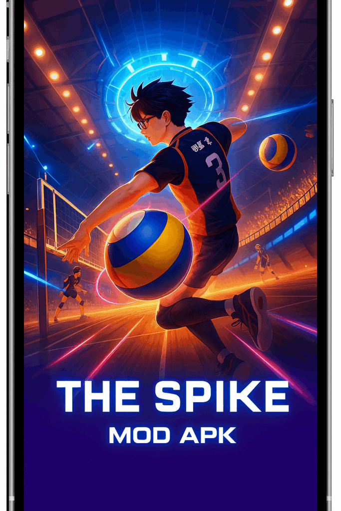 The Spike Mod APK volleyball game poster with player spike