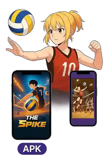 The Spike APK volleyball game showing anime girl player and in-game match screenshots