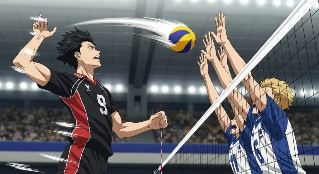 Old Versions 6 Volleyball spike against opposing players.