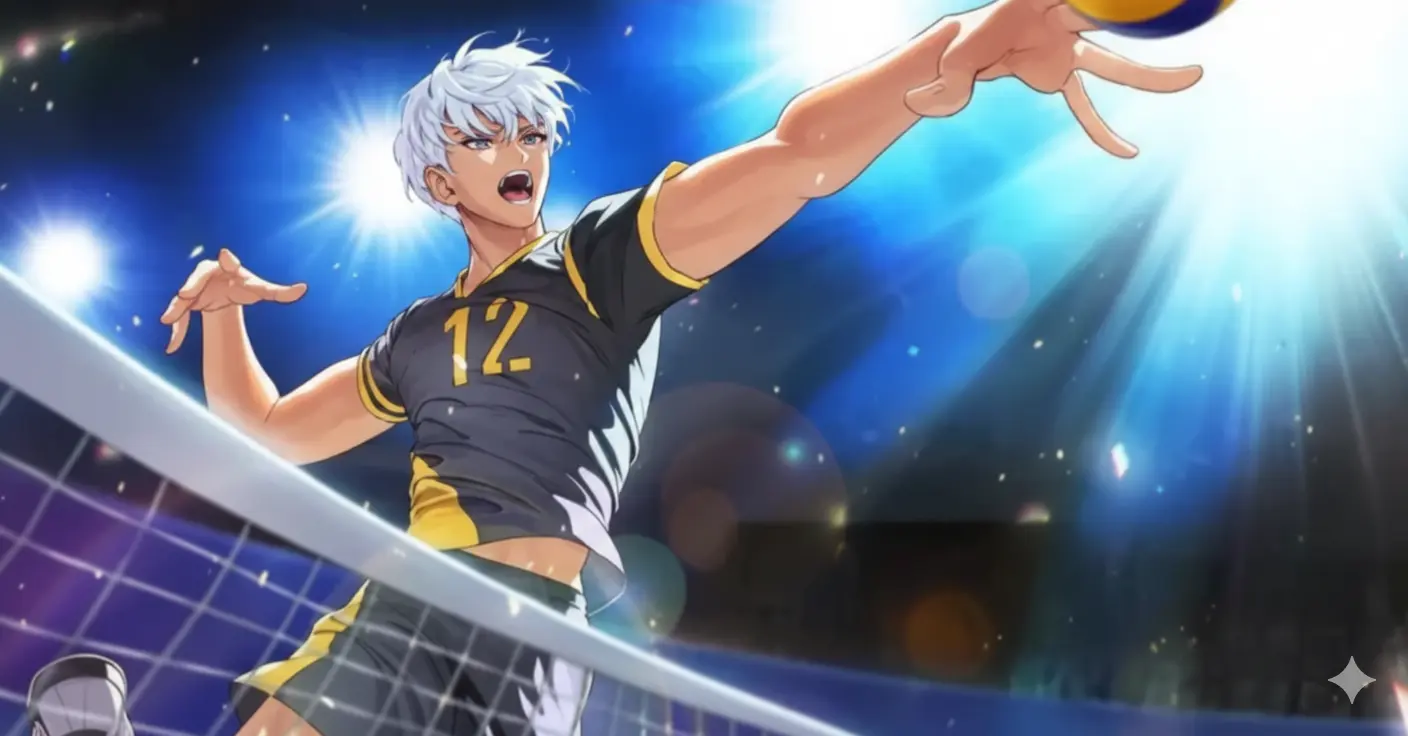 An anime volleyball player in a black jersey spikes the ball powerfully at the net under bright stadium lights.
